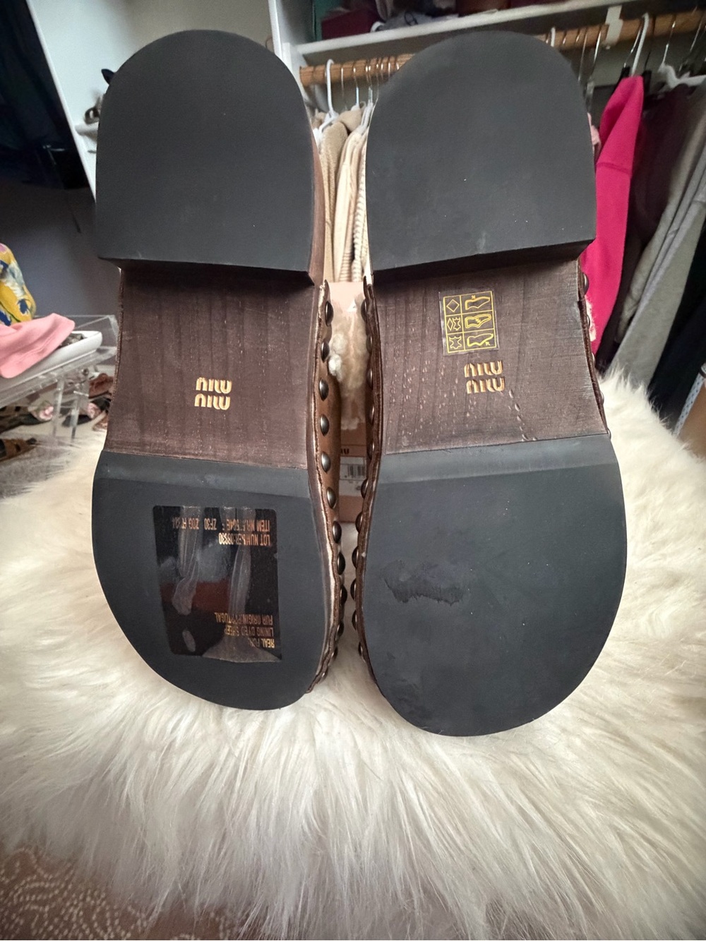 Miu Miu Brown Suede Shearling-Trim Slip-On Clogs - Picture 6 of 7